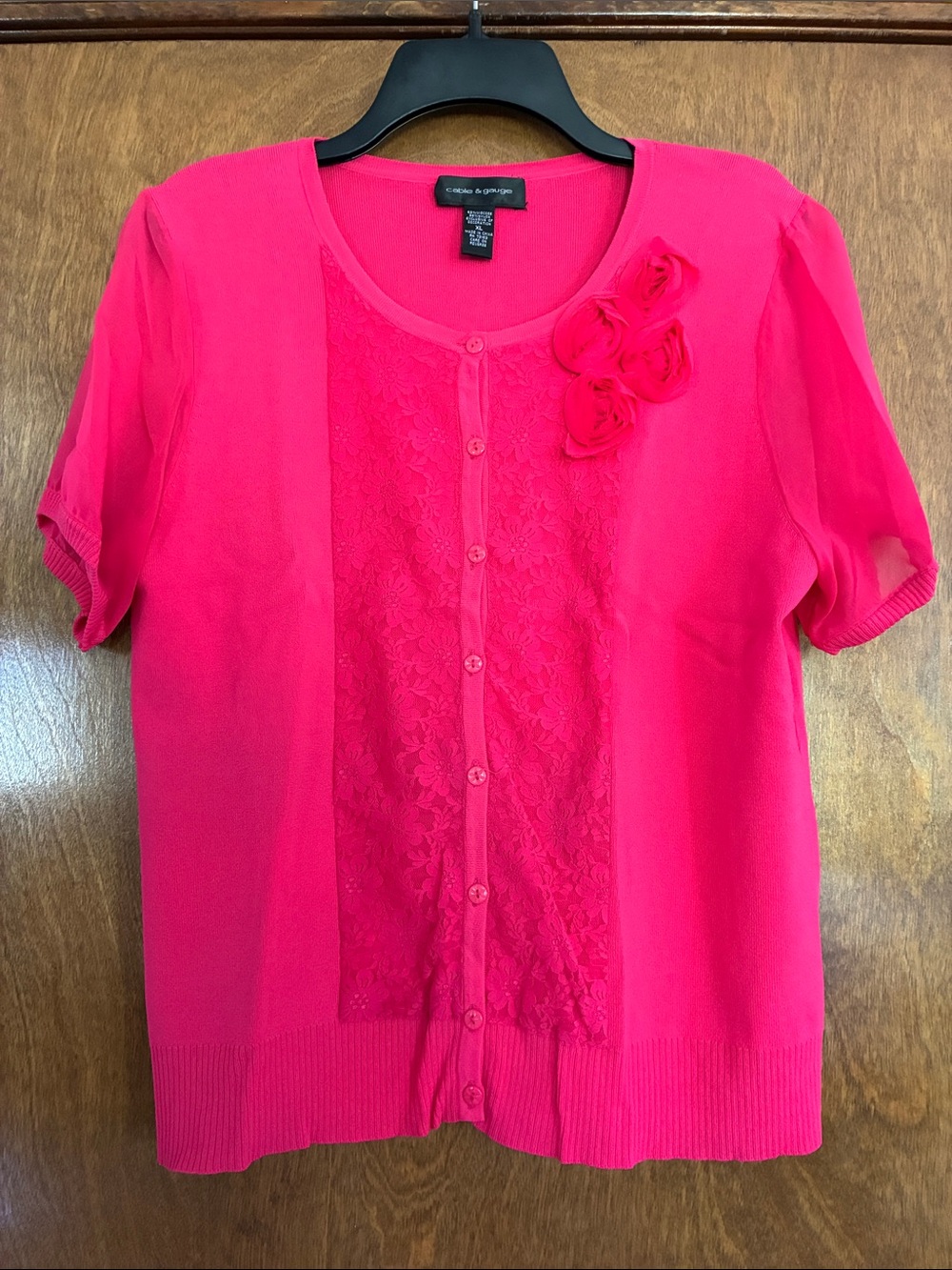 Cable & Gauge Hot Pink Lace-Front Short Sleeve Cardigan Size XL